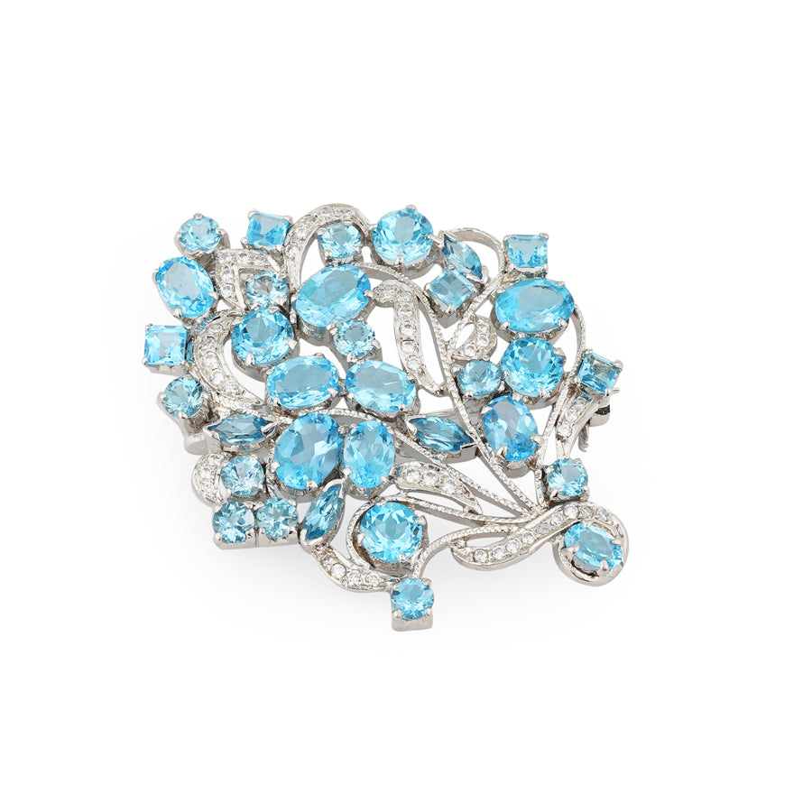 Blue Topaz & Zircon Brooch in Sterling Silver