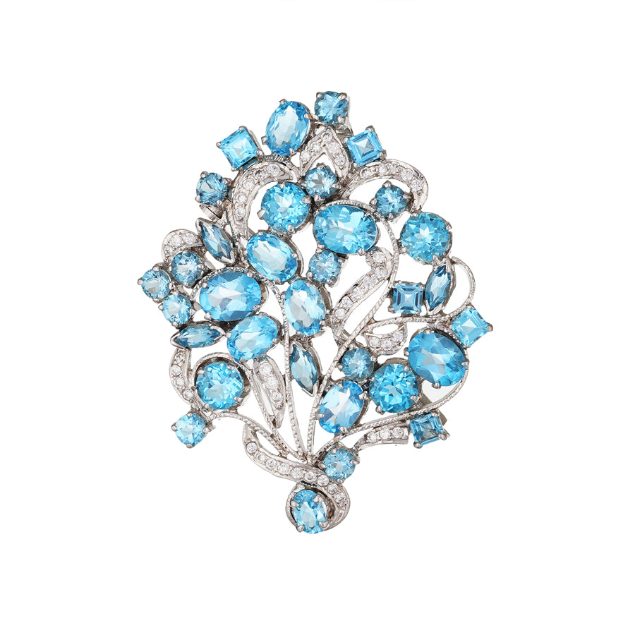 Blue Topaz & Zircon Brooch in Sterling Silver