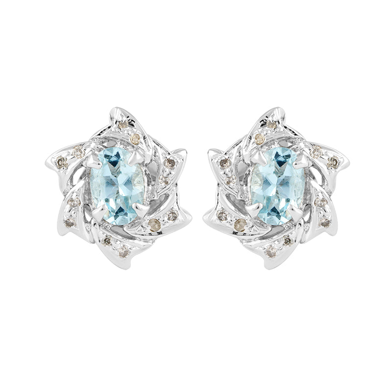 Sterling Silver Aqua & Diamond Stud