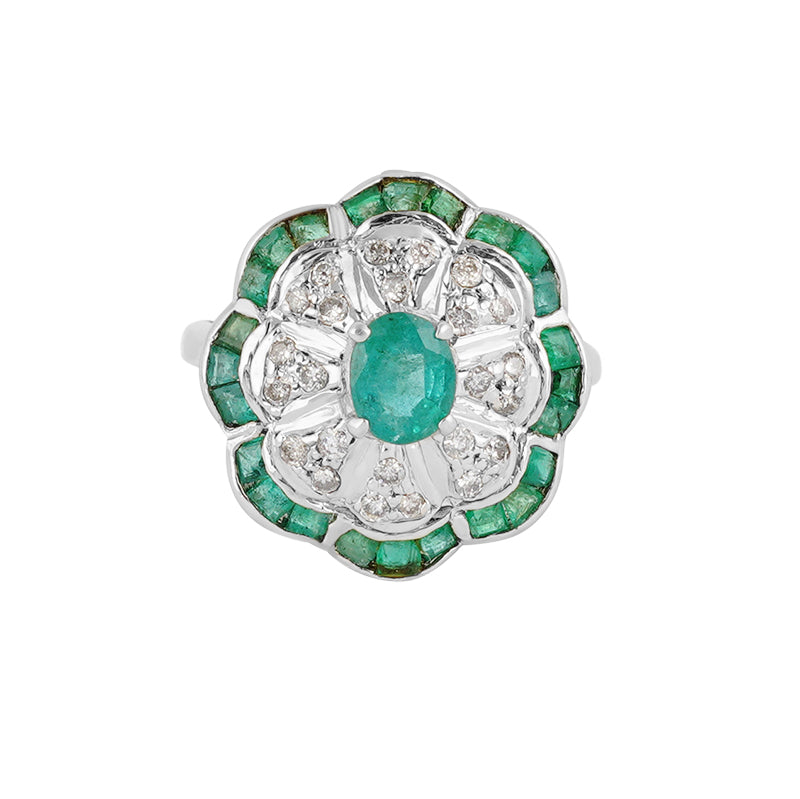 Emerald & Diamond Ring in Sterling Silver