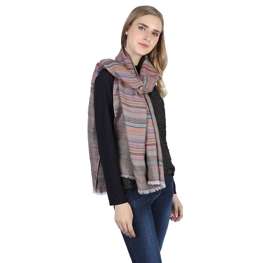 Purple Reversible Cashmere Stole with Multicolor Striped border